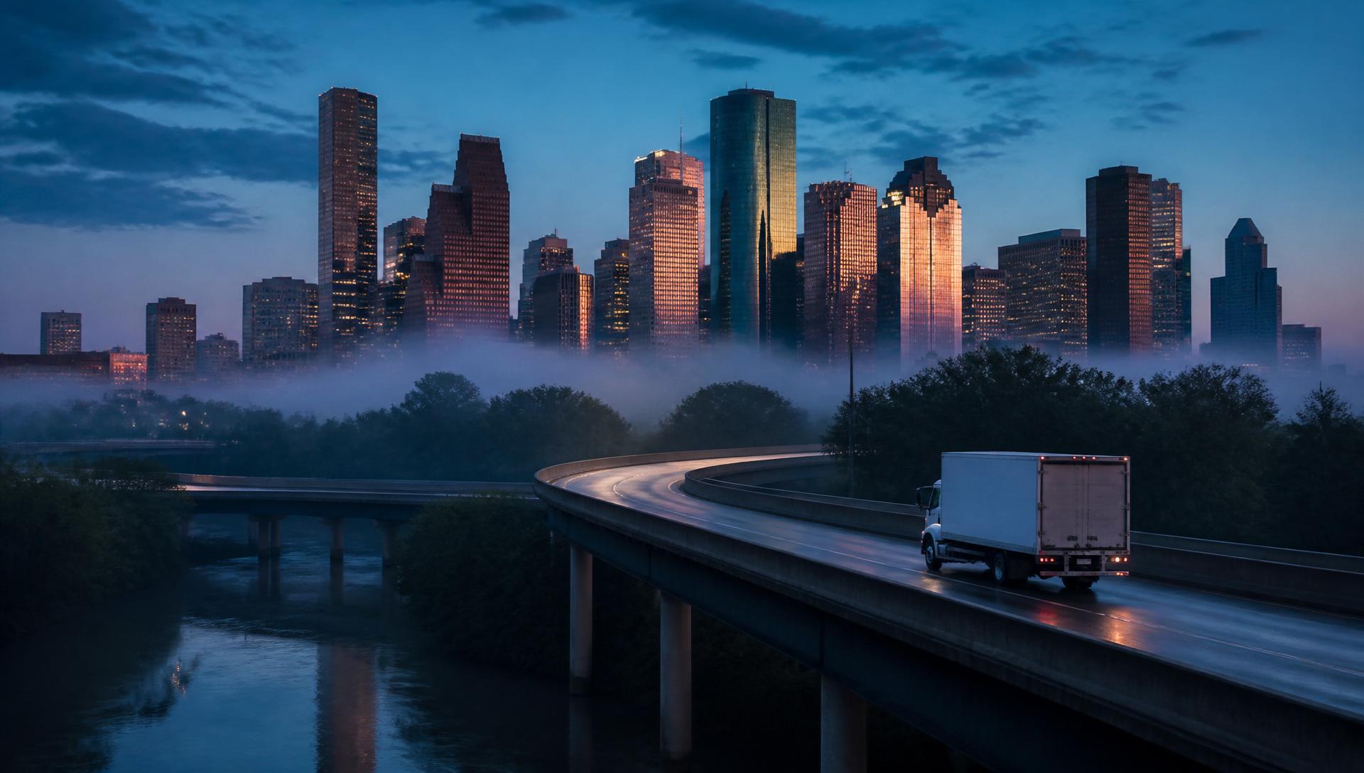 Houston skyline at golden hour with moving truck